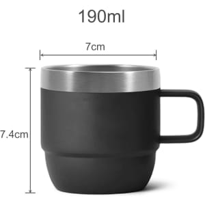 A stackable stainless steel mug in matte black, featuring a brushed metal rim and a handle. Measurement details included.