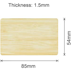 A bamboo business card with a natural wood finish, measuring 85mm by 54mm and 1.5mm thick. It features a logo.
