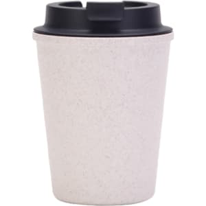 A drink bottle featuring a cream-coloured body with a black lid and an emblem on the side.