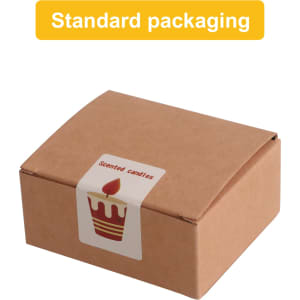 A brown box with a candle logo, containing heart-shaped candles in standard packaging.
