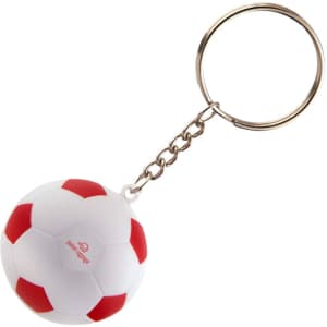 A keyring featuring a small white football stress reliever with red accents, attached to a metal chain.