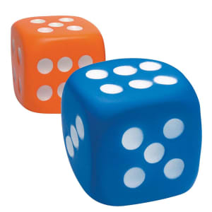 Two cube-shaped stress relievers in vibrant orange and blue, each featuring white dots. One has six dots and the other has five.