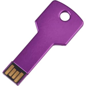 A purple square key flash drive with a key-shaped design and a USB connector at the end.