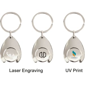 A silver teardrop keyring with a coin holder, featuring three different designs and a logo on each.