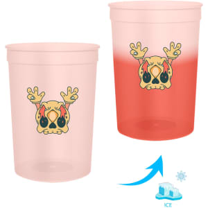 A plastic stadium cup featuring a colour-changing design, with a graphic of a cartoon character in yellow and red.