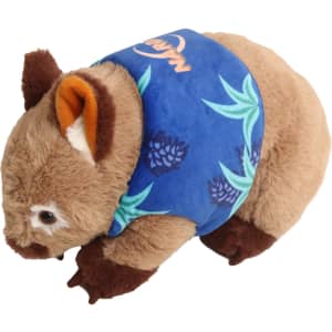 A brown wombat plush toy wearing a blue shirt with a leaf pattern, featuring a small logo.