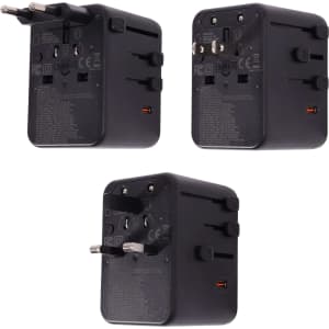 A 35W GaN universal travel adapter in black, featuring multiple plug configurations and a charging port.