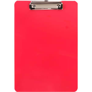 A red clipboard with a metal clip on the top. The surface is smooth and glossy.