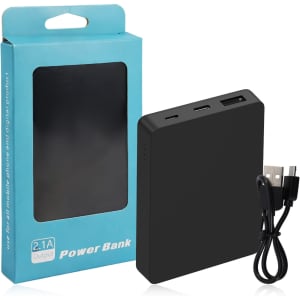 A black square power bank is displayed in its blue packaging, accompanied by a USB cable.