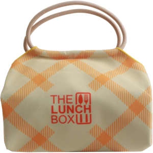 A yellow and orange plaid lunch box bag with two handles and a logo on the front.
