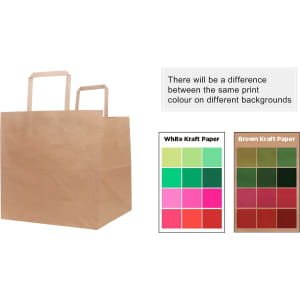 A brown flat handle kraft paper bag with two handles, accompanied by colour swatches for paper variations.
