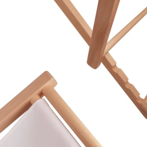A beech frame beach chair featuring a light wooden structure and a white fabric seat. It includes some branding.