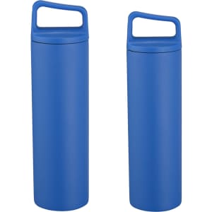 A drink bottle made of stainless steel, featuring a handle, in a vibrant blue colour, available in 500ML and 600ML sizes.