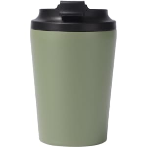 A green 350ML powder-coated stainless steel coffee mug with a black lid and branding visible.