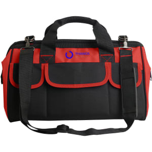A black and red tool bag with multiple pockets and a detachable shoulder strap, featuring a logo.
