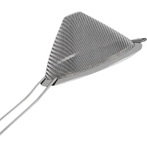 A stainless steel bar mesh strainer with a conical shape and two handles, featuring a logo.