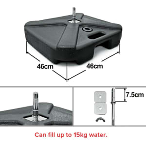 A black weighted base with a metal pole fitting, measuring 46cm by 46cm and 7.5cm in height.