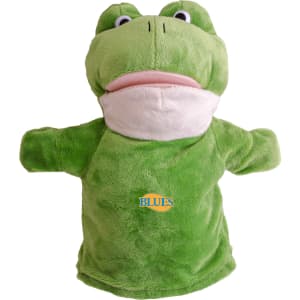 A green frog hand puppet with a soft texture and an attached logo on its chest.