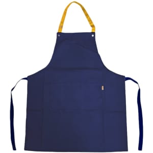A navy blue poly-cotton canvas apron with a yellow neck strap and ties, featuring multiple pockets and a logo.