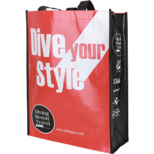 A laminated non-woven bag with a large gusset, featuring red and black colours, and a logo on the side.