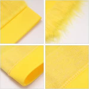 Yellow fabric featuring a fuzzy texture along the edge, shown in four close-up sections highlighting details.