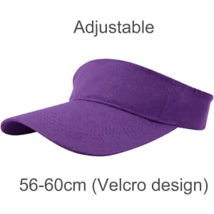 A purple sport visor with an adjustable Velcro design, suitable for head sizes 56-60cm.