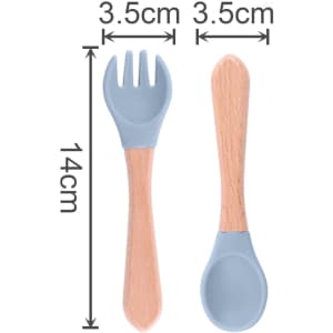 Ergonomic silicone kids cutlery set in blue and wood, featuring a fork and spoon with measurements displayed.