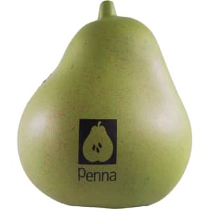 A green pear-shaped stress reliever with a logo, featuring a smooth surface and slight speckling.