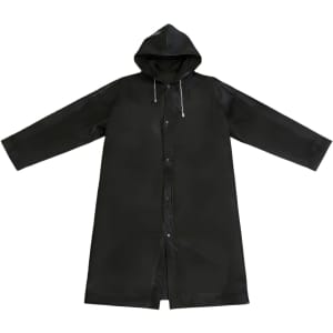 A black reusable PEVA raincoat with a hood, featuring long sleeves and a front closure, includes branding.