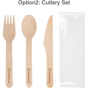 A set of disposable wooden cutlery featuring a fork, spoon, and knife, packaged in a clear sleeve.