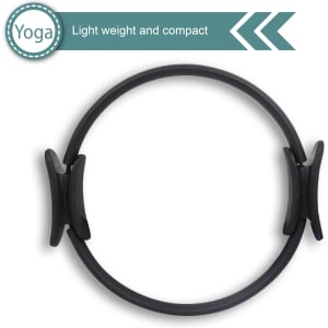 A black Pilates circle featuring two handles, lightweight and compact for fitness activities.
