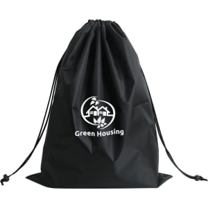 A black laundry bag featuring a drawstring closure and a logo on the front.