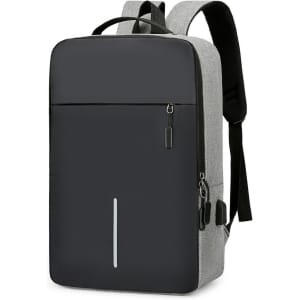 A laptop backpack in grey and black featuring a USB charging port and a sleek design with a front pocket and zippers.