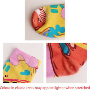 Colourful crew socks featuring a playful design with bright yellow and pink accents. Includes a logo.