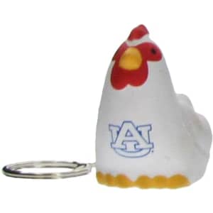 A white and yellow rooster-shaped stress reliever attached to a metal keyring, featuring a logo.