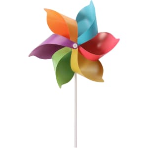 A six-leaf pinwheel with petals in purple, orange, blue, green, red, and yellow, attached to a white stick.