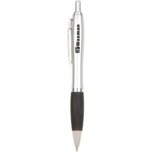 A silver metal pen with a black rubber grip and a logo on the barrel.