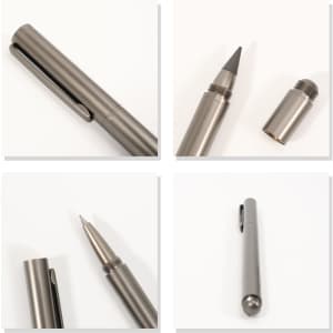 A metallic grey 2-in-1 pencil featuring a retractable pencil tip and a ballpoint pen end, with a clip.