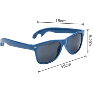 A drink bottle opener is integrated into blue sunglasses with dark lenses, featuring a logo on the side.