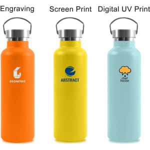 A drink bottle collection featuring orange, yellow, and light blue insulated stainless steel designs with logos.
