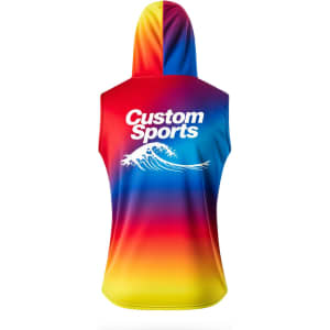 A sleeveless hoodie in vibrant red, yellow, and blue gradient, featuring a logo on the back.