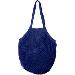 A navy blue mesh grocery bag with inner lining, featuring two sturdy shoulder straps.