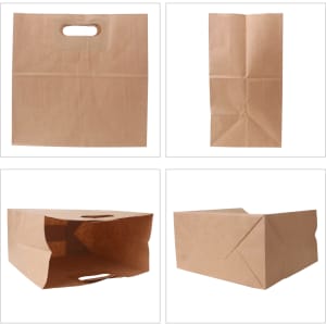 A brown kraft paper bag with a handle, featuring multiple angles to showcase its design and structure.
