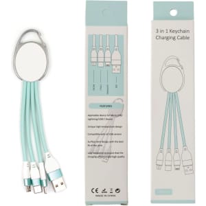 A 3 in 1 charging cable in teal, featuring USB, Micro USB, and Lightning connectors, attached to a keyring.