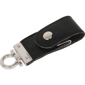 A black leather flash drive holder with a silver clasp, featuring a snap button closure.