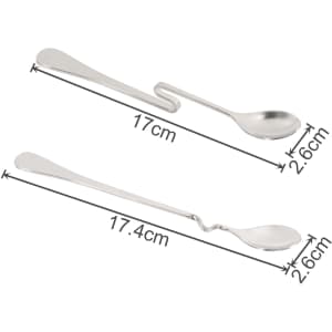 Two stainless steel spoons in silver, one with a hook and the other with a curved design, both measuring around 17 cm.