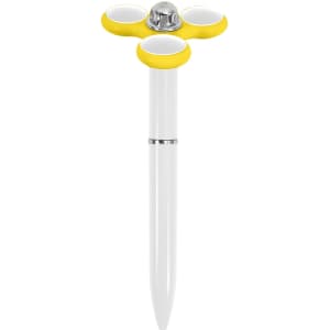 A fidget pen with a white body and yellow spinning top, featuring a shiny silver centre. It has a logo.