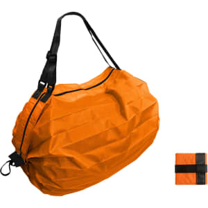 A foldable shopping shoulder bag in bright orange with a black strap, featuring a small compact version beside it.