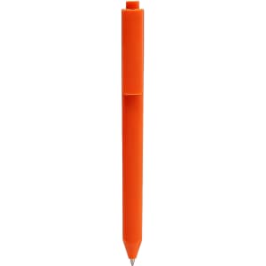 An orange triangular grip pen with a clip and a visible writing tip, featuring a logo.