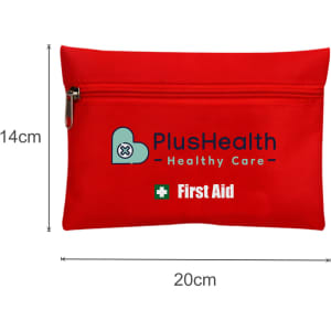 A red travel first aid kit pouch with a zip closure and a logo on the front, measuring 20cm by 14cm.